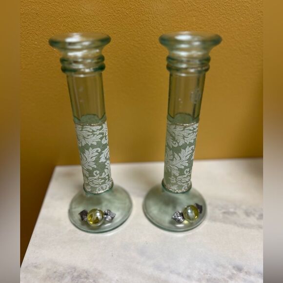 Glass Shabbat Hand Painted Candlesticks with White Flowers - Picture 1 of 9